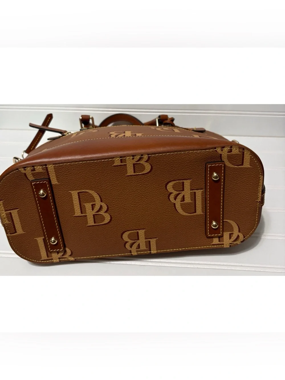 Dooney & Bourke DB Monogram Leather Brown Domed Satchel Shoulder Bag Purse Tote